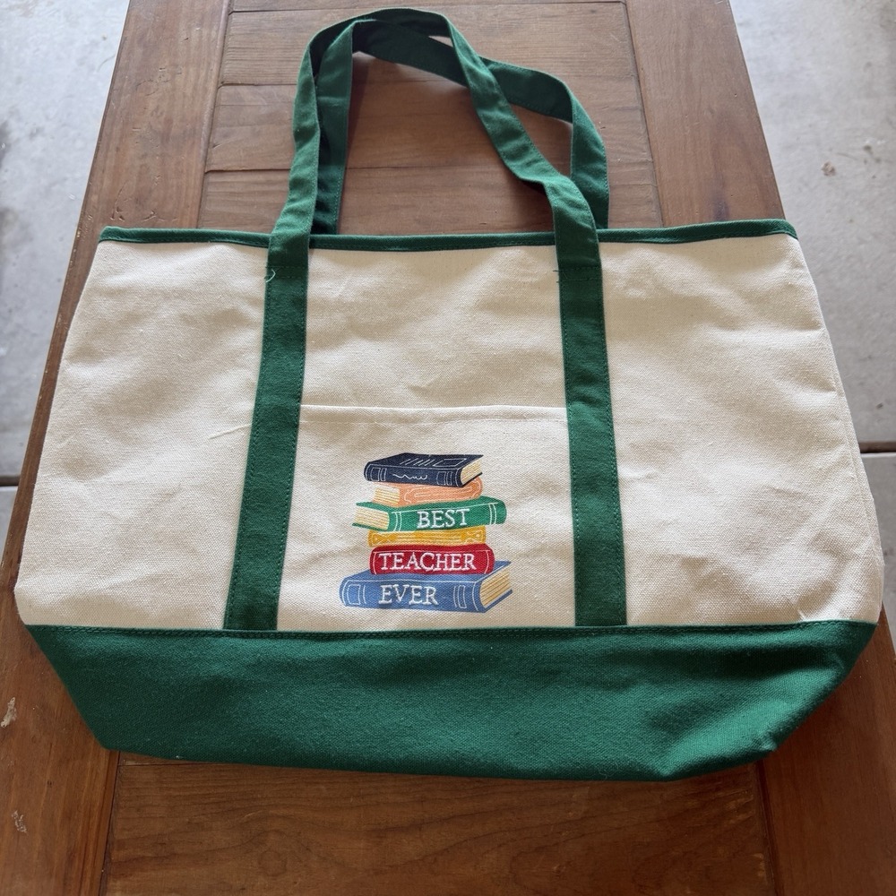 Embroidered "Best Teacher Ever" Recycled Cotton Canvas Tote Bag - Green
